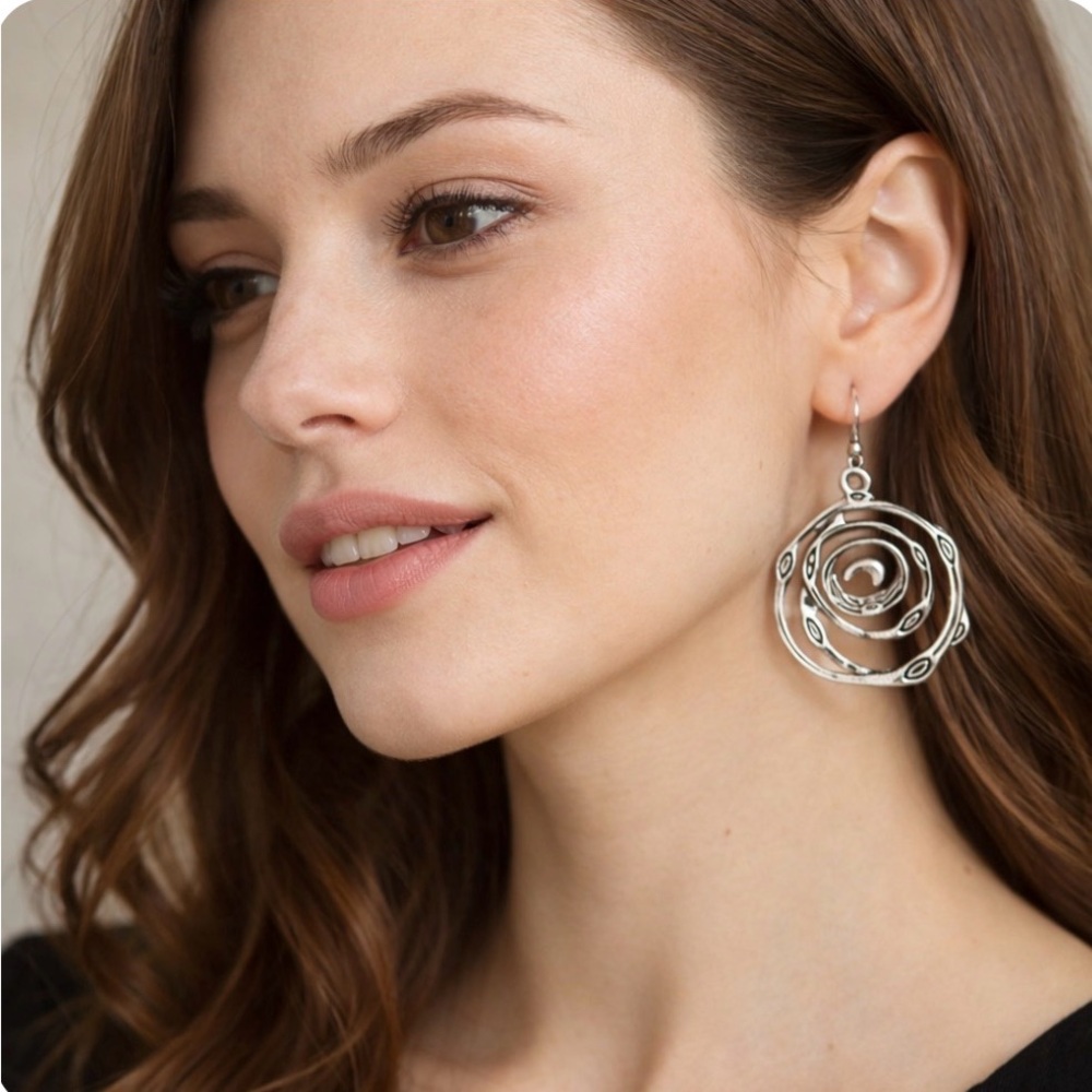 Silver Spiral Dangle Earrings Boho Swirl NWT